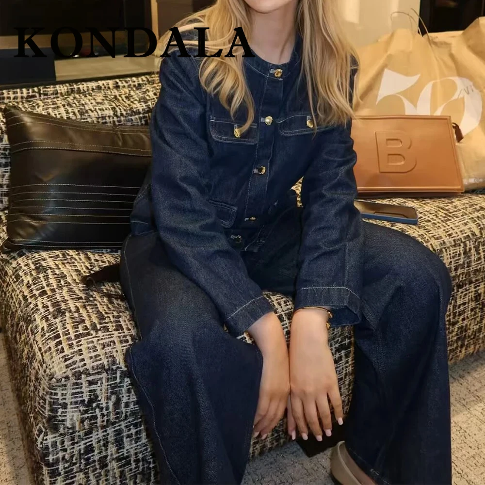 

KONDALA 2025 джинсовая осенняя женская куртка-рубашка, однобортная модная уличная одежда с карманами, прямые шикарные женские куртки с круглым вырезом