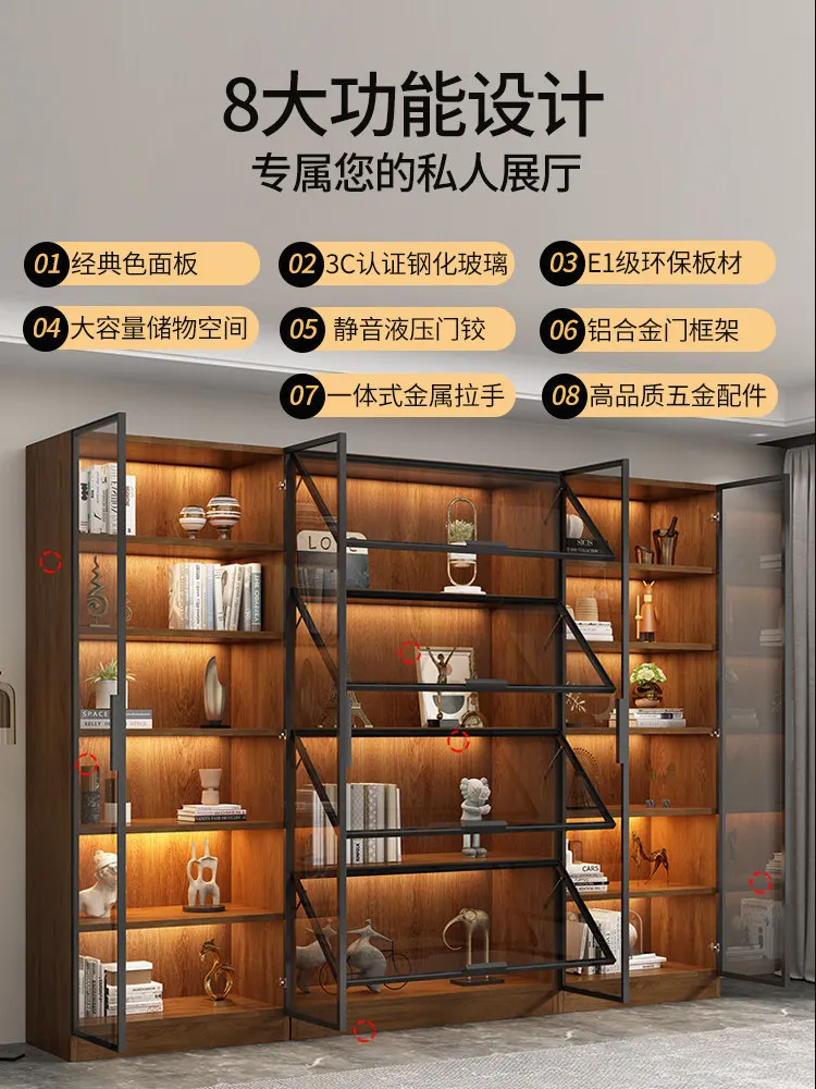 Walnut custom bookcase integrated whole wall to top light luxury modern high-end living room display cabinet with glass door