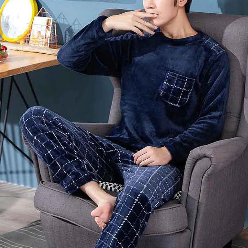 2pcs/Set Fall And Winter Facecloth Men\'s Pajamas Padded Thickened Warm Long-Sleeved Teenagers Coral Fleece Homewear boy clothes