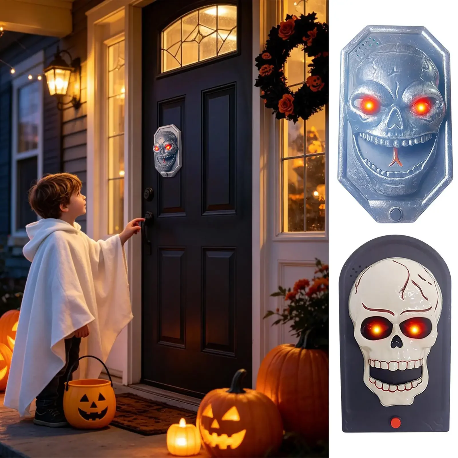 Halloween Door Bell Cordless Battery-Operated Light Sound Realistic Skull Skeleton Door Bell Horror Sound Prop For Porch