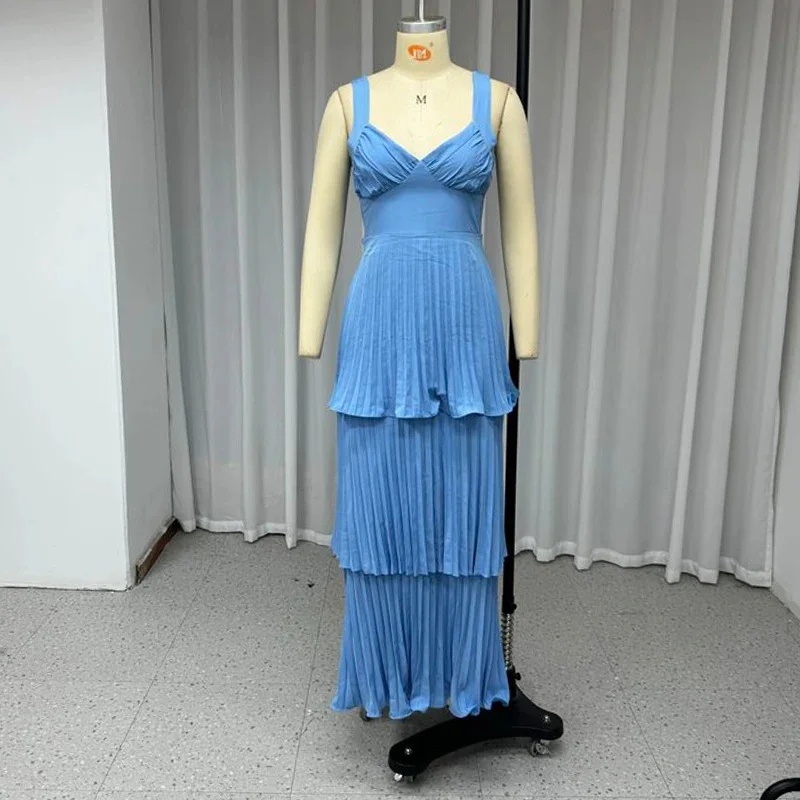 Tesco céu azul feminino vestidos de verão 2025 querida sem mangas praia férias vestidos a linha plissado em camadas vestidos de verão