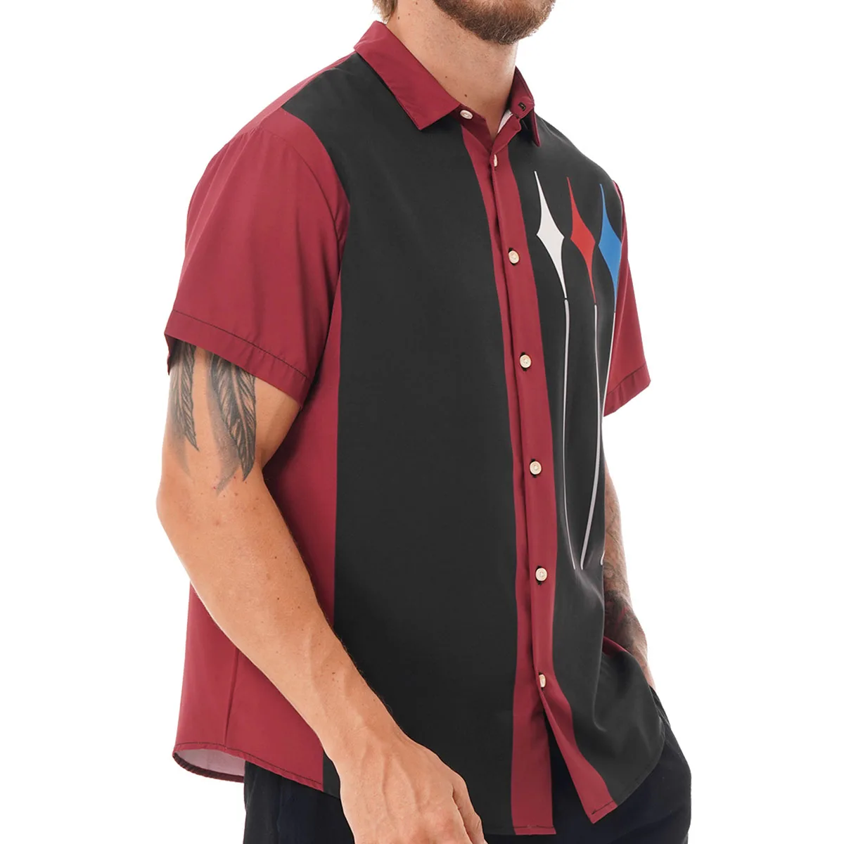 Men's Retro Short Sleeve Camp Shirt Button Down Loose Cuban Bowling Shirts Casual 50s Color Block Striped Notched Collar Shirt