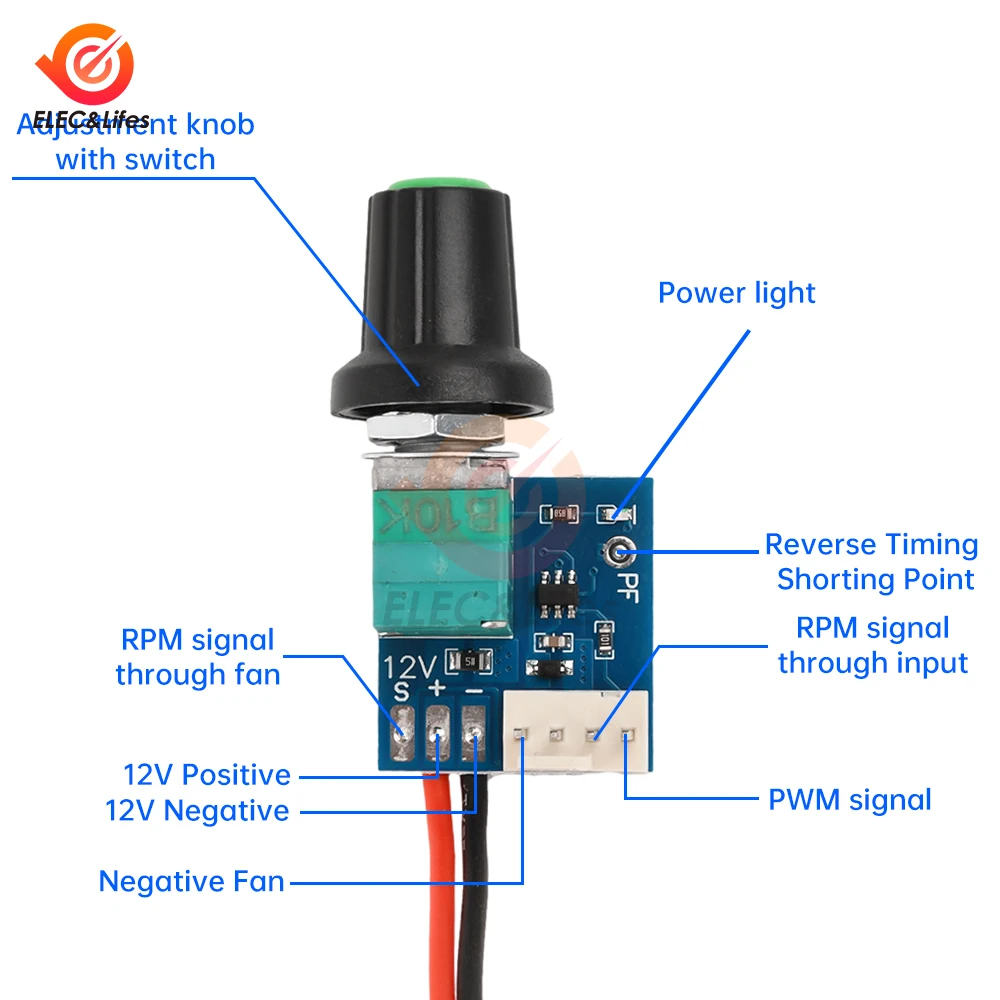 Adjustable PWM Fan Speed Controller With Knob Switch DC 5-12V 4 Wire Fan Speed Governor Noise Reduction Can Be Shut Down