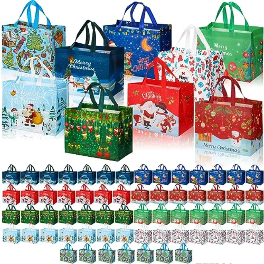 

72 Pack Cristmas Gift ags ulk Reusale Cristmas Tote ags wit andles 12.8 x 9.8 x 6.7 In Lar Xmas Treat Grocery Totes for Gift Wr