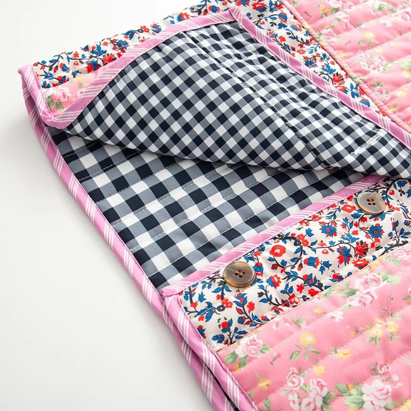 Женская розовая стеганая куртка с цветочным принтом — лоскутный дизайн, воротник-стойка, пуговицы спереди, винтажная повседневная верхняя одежда в стиле бохо