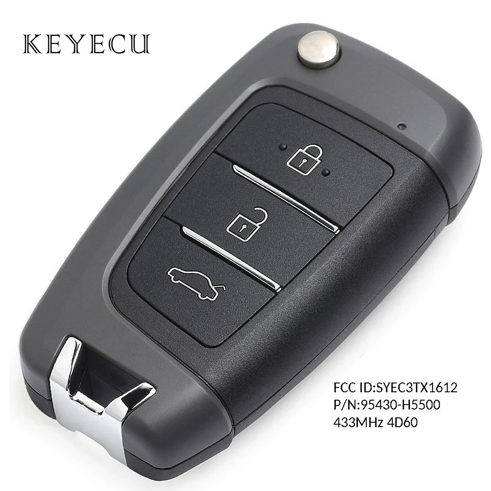 

Keyecu Flip Remote Car Key Fob 3 Buttons 433MHz 4D60 Chip for Hyundai Accent 2018 2019 FCC ID: SYEC3TX1612, P/N: 95430-H5500