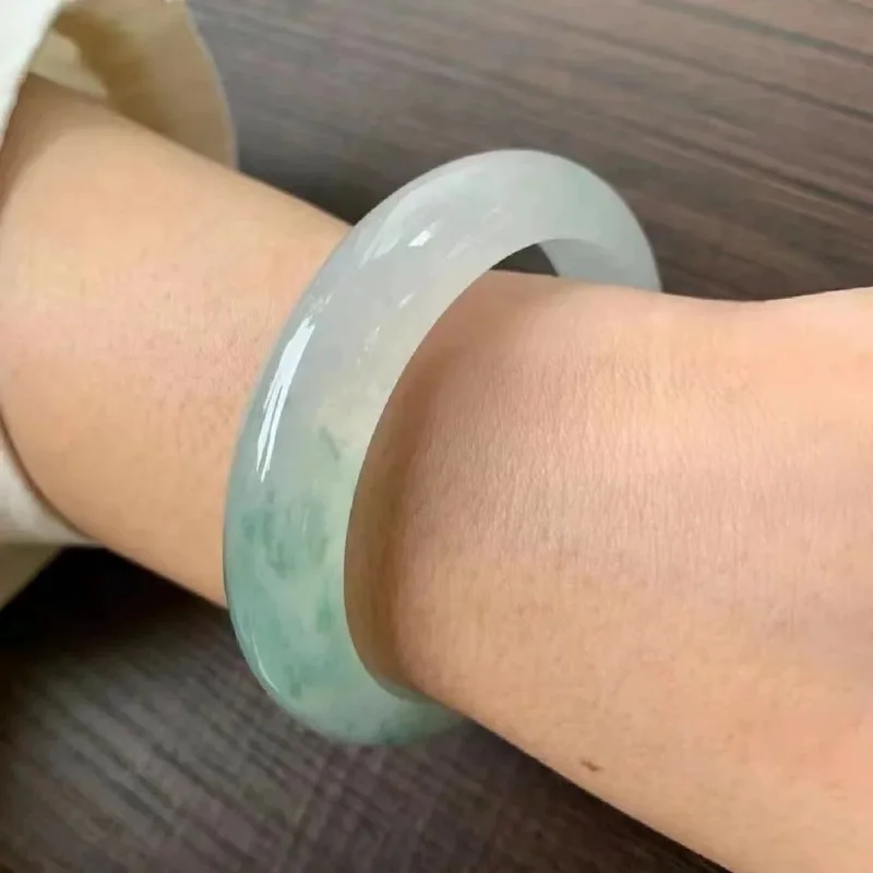 Myanmar ice bracelet lake blue translucent base, with green floral patterns, mountain half water jadeite, regu