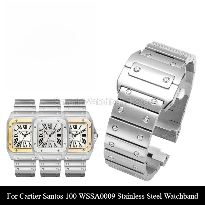 Double Push Butterfly Clasp Watch Strap Replacement for Cartier Santos 100 WSSA0009 Rivet Link Durable Stainless Steel Watchband