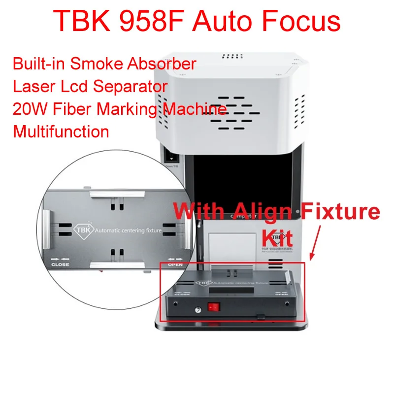 Auto Focus 20W Fiber Laser Marking Machine TBK 958F Phone LCD Back Cover Glass Frame Separating Engraving Built-in Smoke