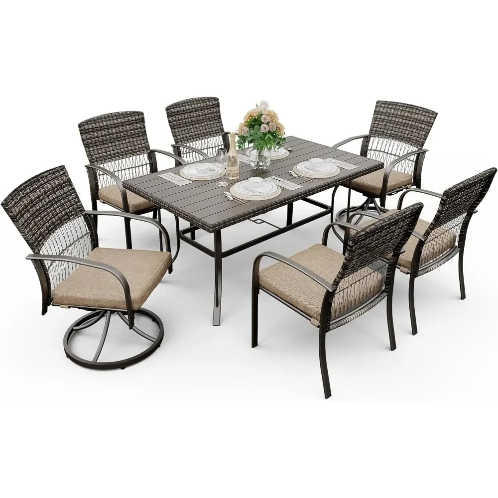 

7 Piece Outdoor Dining Set with Iron Outdoor Dining Table, 4 Swivel Deck Chairs, 2 Wicker Chairs and Removable Cushions