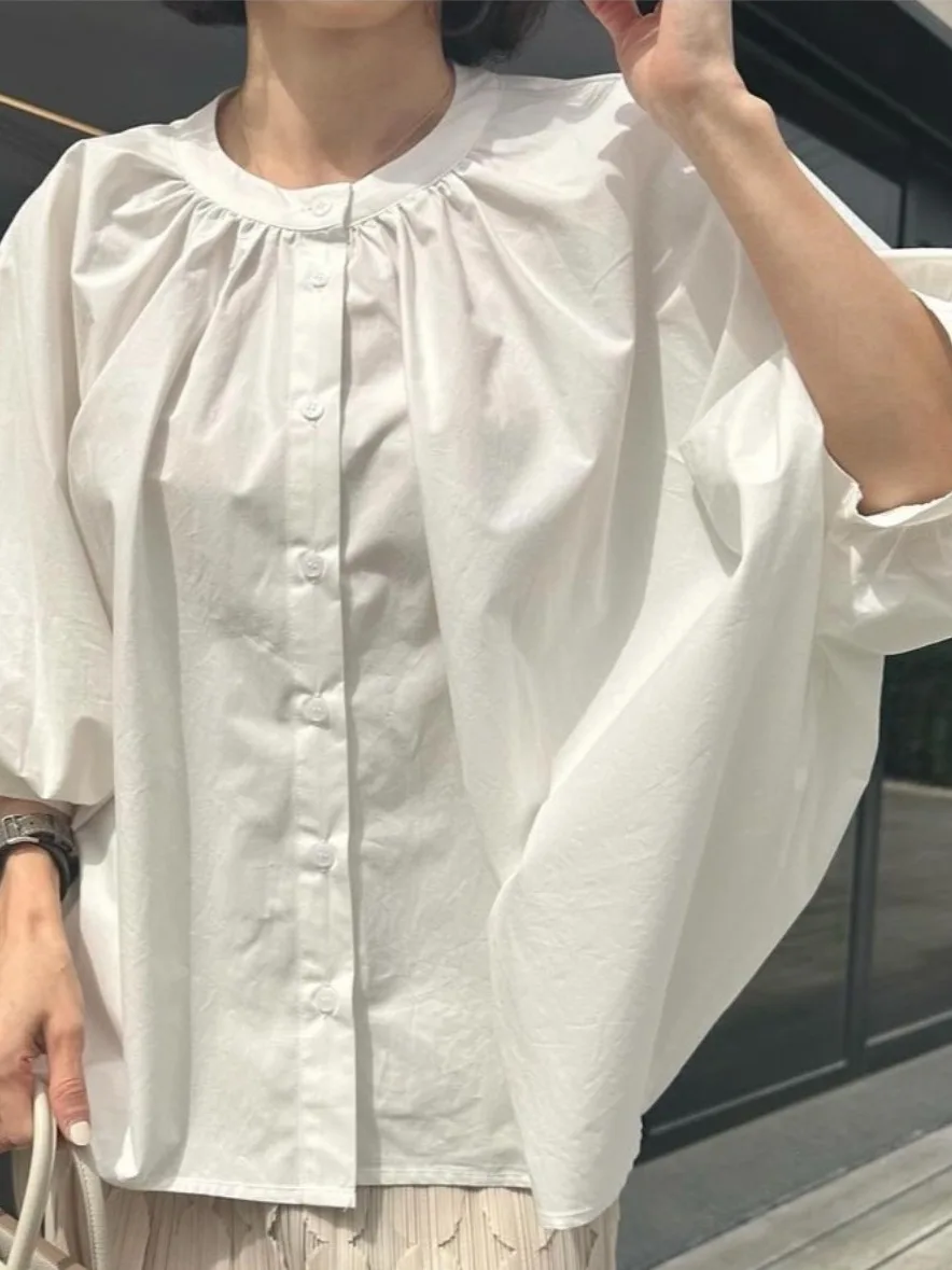 Mat White Long Sve Doll irt Faion Design Bubble Sve Lazy Bat Wing Top Colore puro Versatile Primavera 2025
