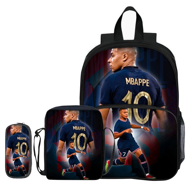 Kids Backpack Shoulder Bags Pencil Bag M-Mbappe 3Pcs set with Front Pocket Backpack Football Star Rucksack