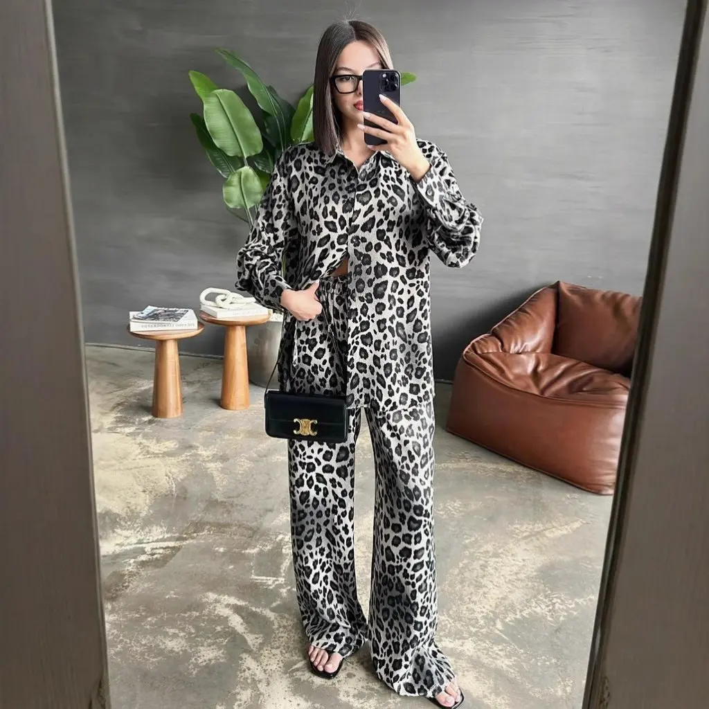 

Women's Leopard Print Long Sleeve Shirt And Wide Leg Pants Set Cross-Border Amazon Europe And US Spring Autumn Two-Piece Outfit