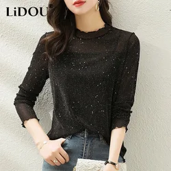 Spring Summer Fashion Stand Collar Sequined Slim T-shirt Ladies Long Sleeve All-match Elastic Bottoming Pullover Top Women Tees