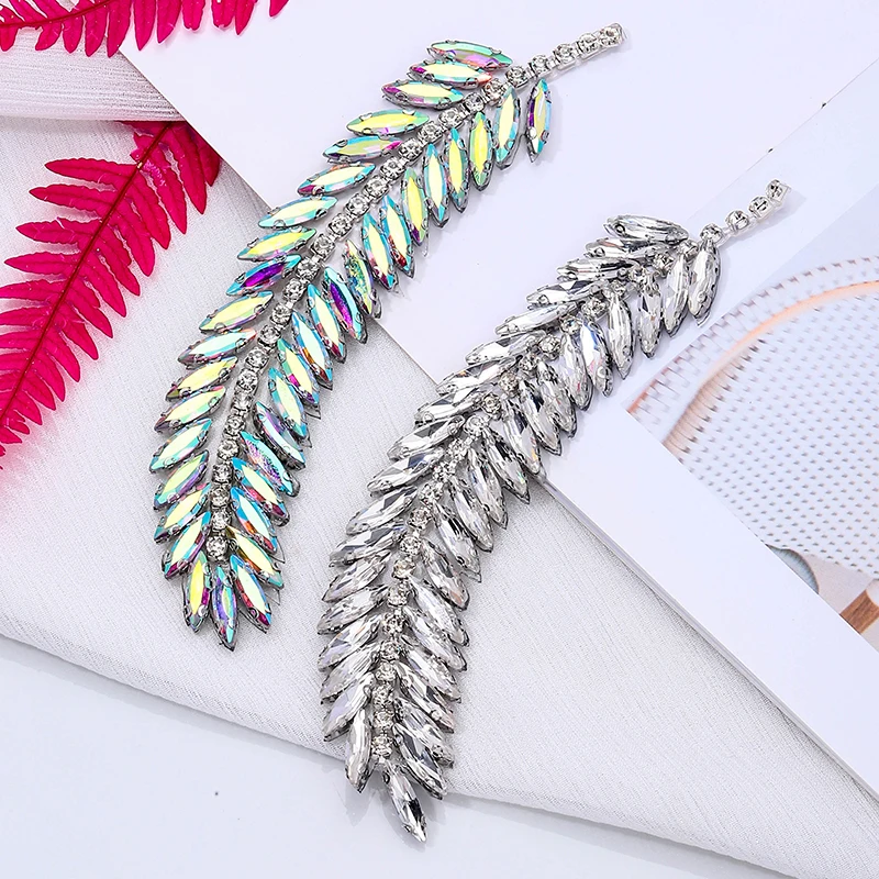 DUCrystal 1pcs 13cm Leaf Motif Rhinestone Ribbon Claw Glass Rhinestone Patch Hot fix/glue-on for DIY Craft Clothing Decoration