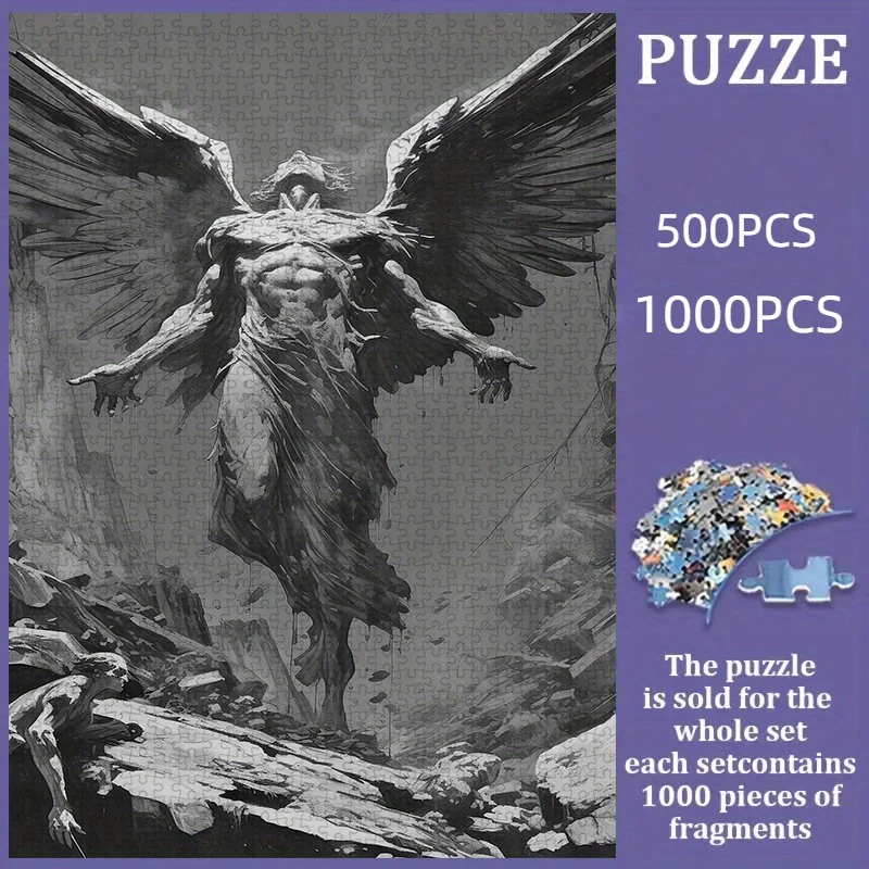 Monochromes Puzzle mit gefallenen Engeln in einer Ruinszene, Puzzle für Erwachsene, dunkles Fantasy-Thema, geistiges Spiel, Heim- und Freizeit-Dekorationspuzzle, T