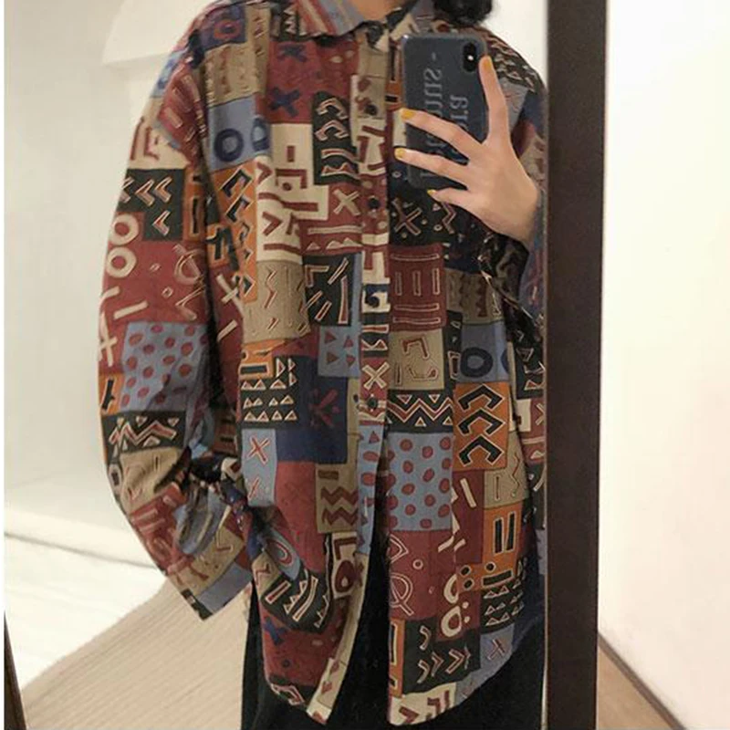 GIDYQ Y2k Vintage Printing Women Shirt Harajuku Streetwear Oversized Casual Lapel Shirt Korean Chic Long Sleeve Blouses Tops