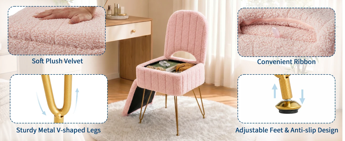 Vanity Stool Chair with Soft Teddy Fabric and adjustable foot