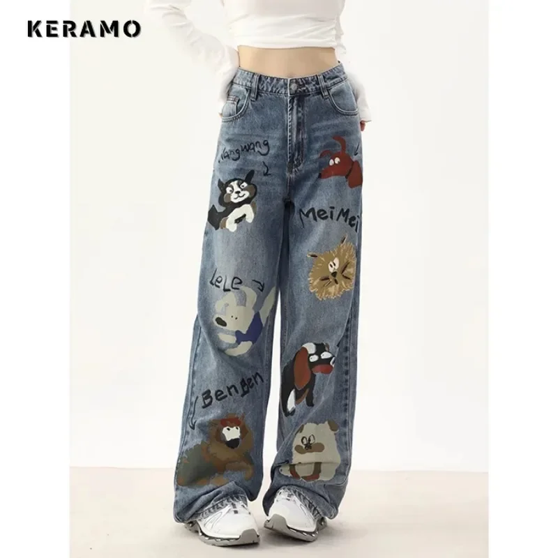 Vintage Casual High Waist High Street Style Straight Jeans Sweet Animals Print Pants Women\'s Wide Leg Baggy Y2K Denim Trouser