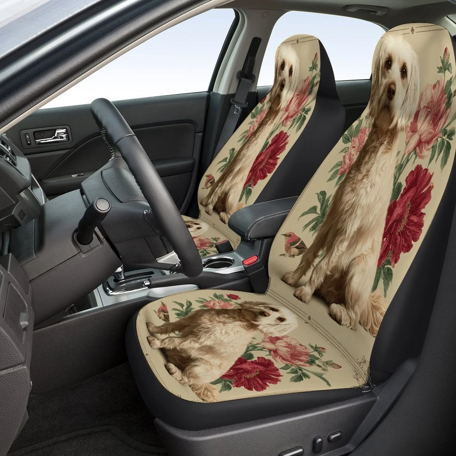 Set Of Car Seat Covers Featuring Floral Dog Portraits, Designed For A Variety Of Vehicles. These Stylish And High-Quality Protec