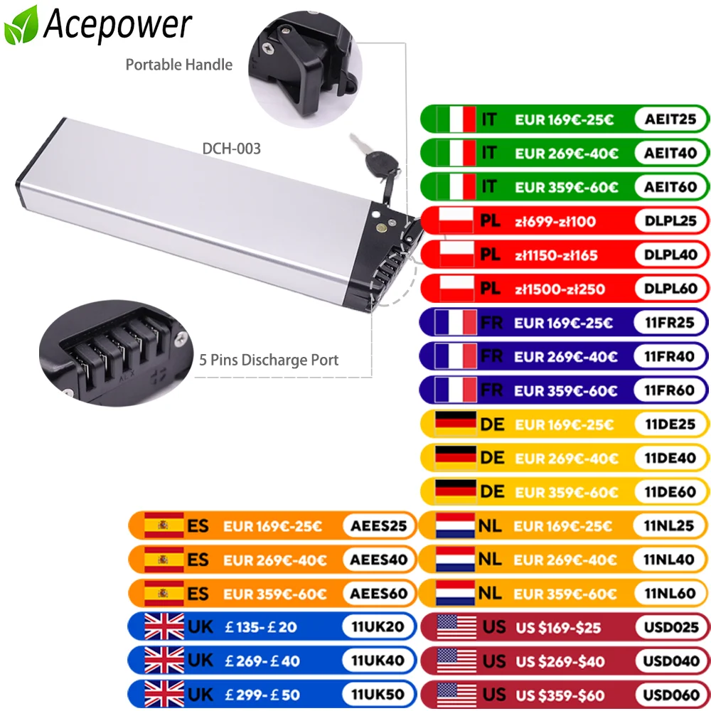 For TUCANO Monster HB 36V Ebike Battery 10.4Ah 14Ah 48V 10.5Ah Folding Electric Bike for RichBit TOP-016Electric Bicycle Battery