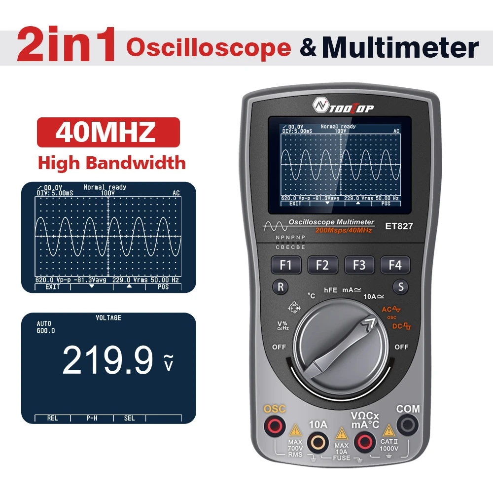 

TOOLTOP ET827 Multimeter Oscilloscope 2 in 1 40Mhz Bandwidth 200MSps Sampling Rate Oscilloscopes Innovative AI Waveform Preview