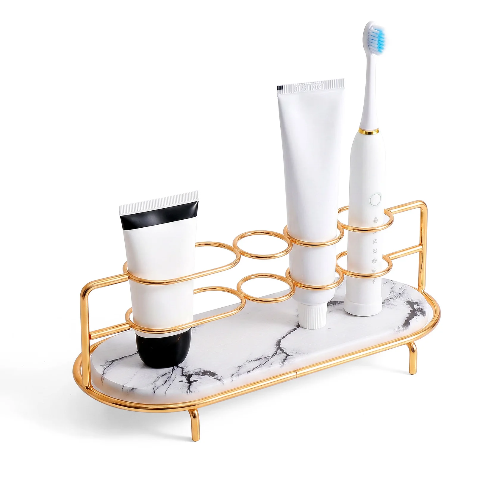 Bathroom Toothbrush Holder Stand, Gold Metal Toothpaste Organizer with Diatomite Base, Multi-Slot Countertop Storage Rack for Electric Toothbrush, Toothpaste, Razor and Makeup Tools