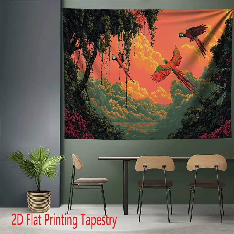 Wild Tropical Rainforest Jungle Wall Tapestry Macaw Parrot Sunset Boho Decor Hanging Print 180x280cm