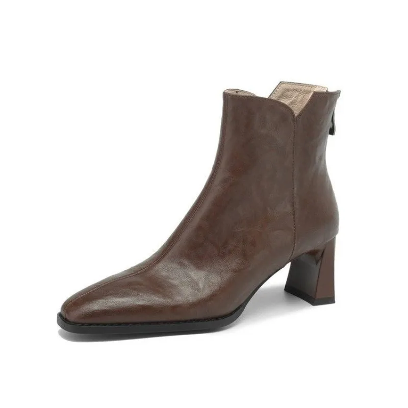 Autumn Winter New High Heels Women Short Boots Fashion Brown Pointed Toe Coarse Heel Ankle Boots Casual Lady Shoes Middle Boots