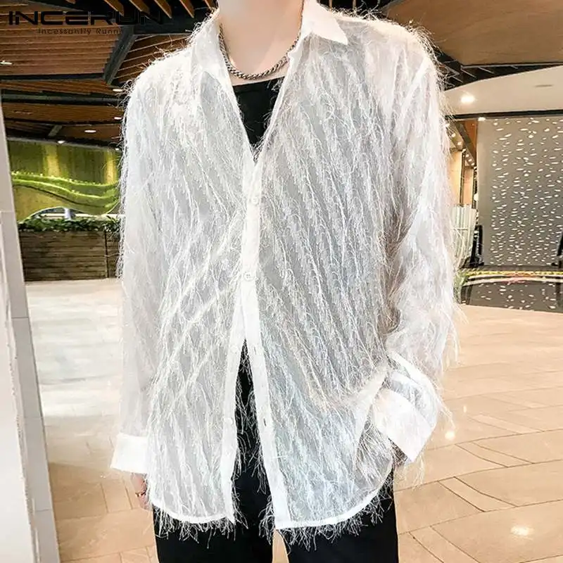 INCERUN Tops 2024 Korean Style Men\'s Solid Long Sleeve Shirts See Through Blouse Fashion Male Sexy Leisure Party Nightclub S-5XL