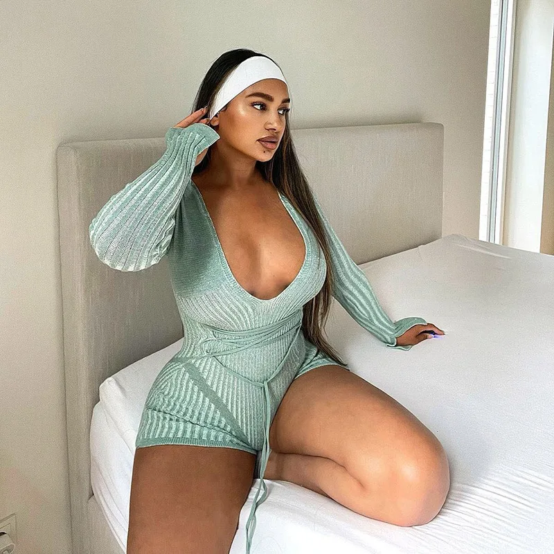 

DriftWear Deep V Сексуальная горячая девушка Вязаный полосатый контрастный комбинезон с высокой талией и расклешенными рукавами Спортивная облегающая уличная одежда для фитнеса
