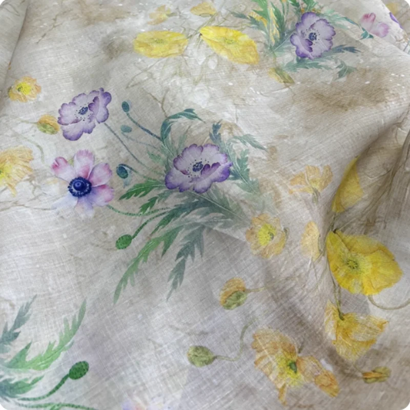 

Blue Handmade Ramie Printed Fabric For Breathable Shirt Dress Clothing Cloth DIY Fabric