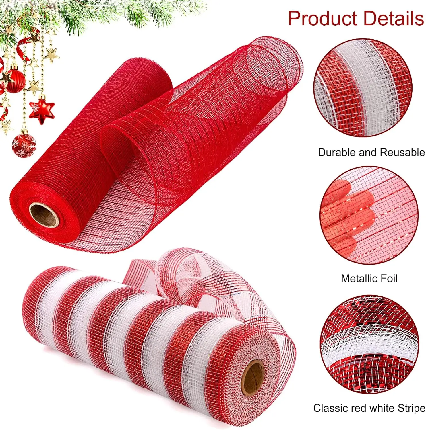 10Yard Christmas Red White Metallic Mesh Ribbon Xmas Tree Candy Cane Decoration Ornament DIY Wreath Bow 2025 New Year Gift 26cm