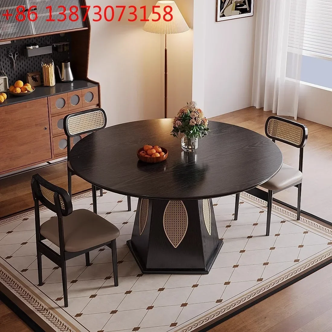 Rattan dining chair household retro solid wood round table rattan chair back chair