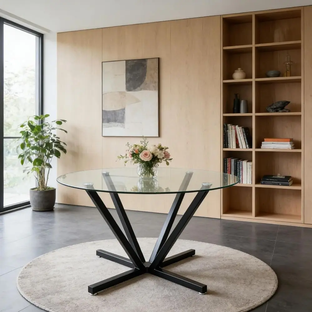 seater steel dining table with glass top