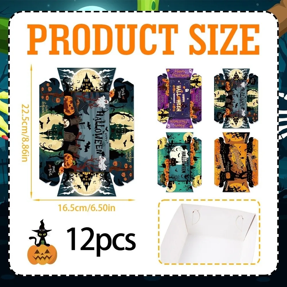 12pcs Tableware Rectangular Halloween Party Tray Pumpkin Sturdy Snack Paper Boxes Ghost Bat Cookie Tray Festival