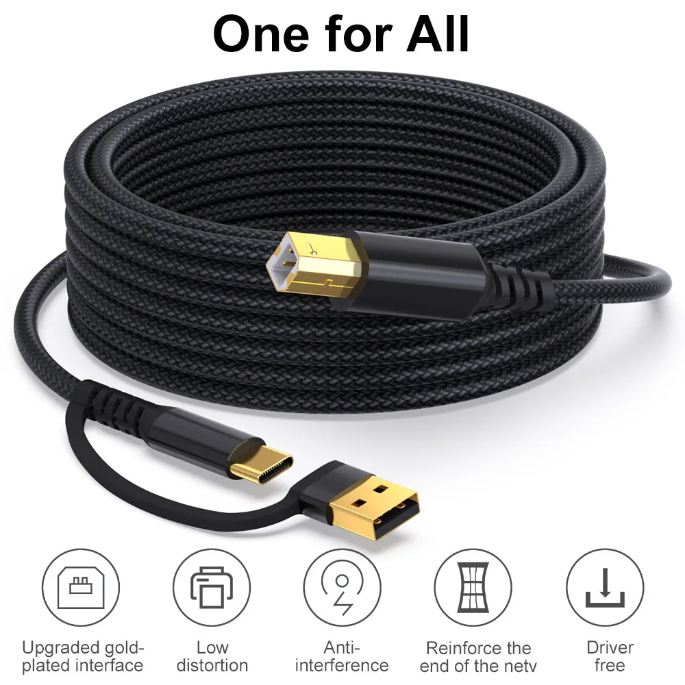 2 in1  USB A/Type c Male to Type B Male Audio Digital Cable Printer Scanner Cord USB 2.0 for DAC, Decoder, Printer, Scanner