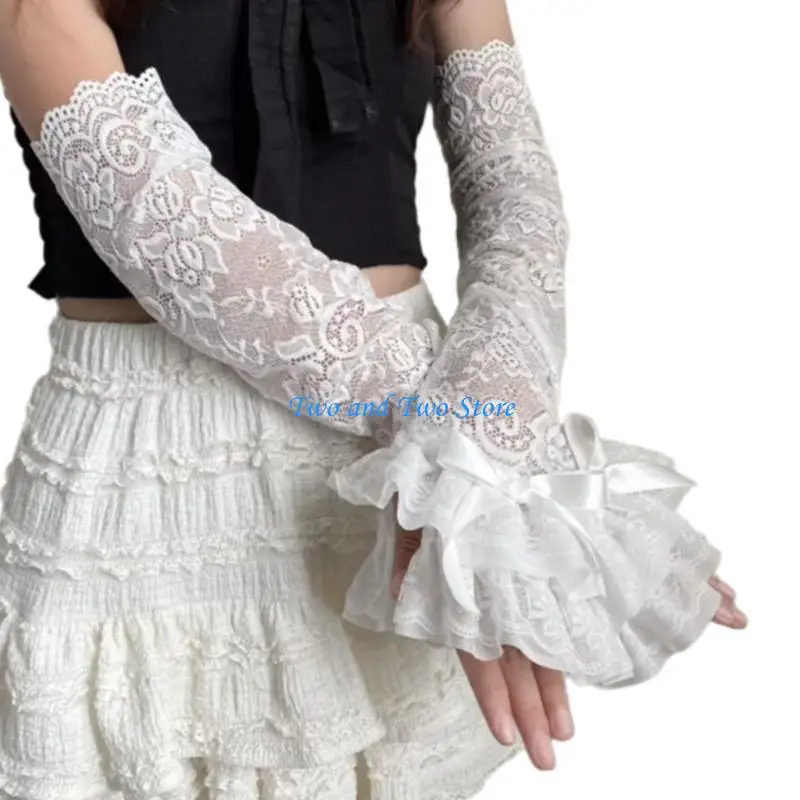 

HX6F Womens Sleeve Bridal Wrist Gloves Graceful Wrist Warmer Gloves Lace Fingerless Gloves for Halloween Party