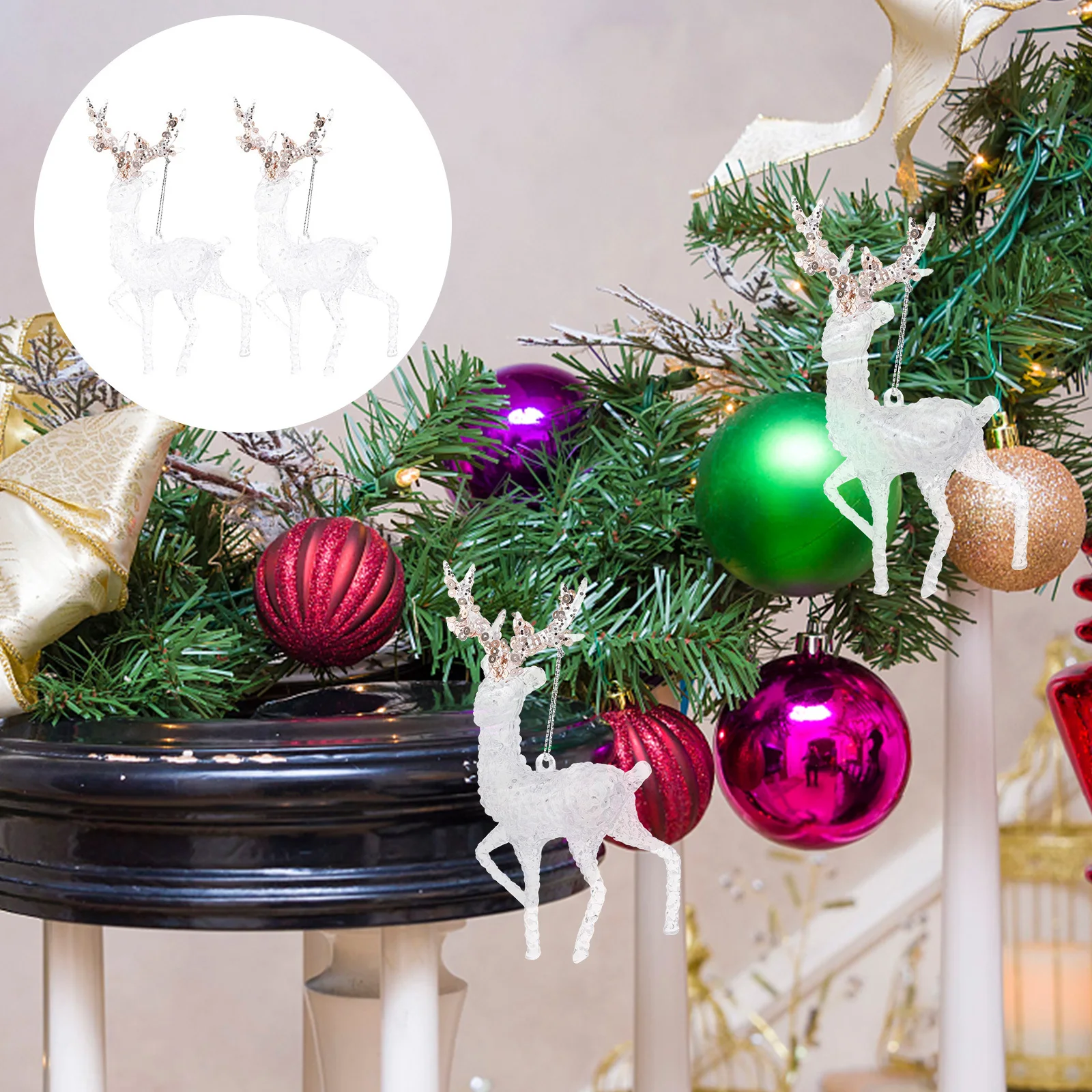 

2Pcs Xmas Elk Hanging Decor Clear Acrylic Christmas Tree Ornaments Holiday Party Supplies Elk Pendant Xmas Party Ornament