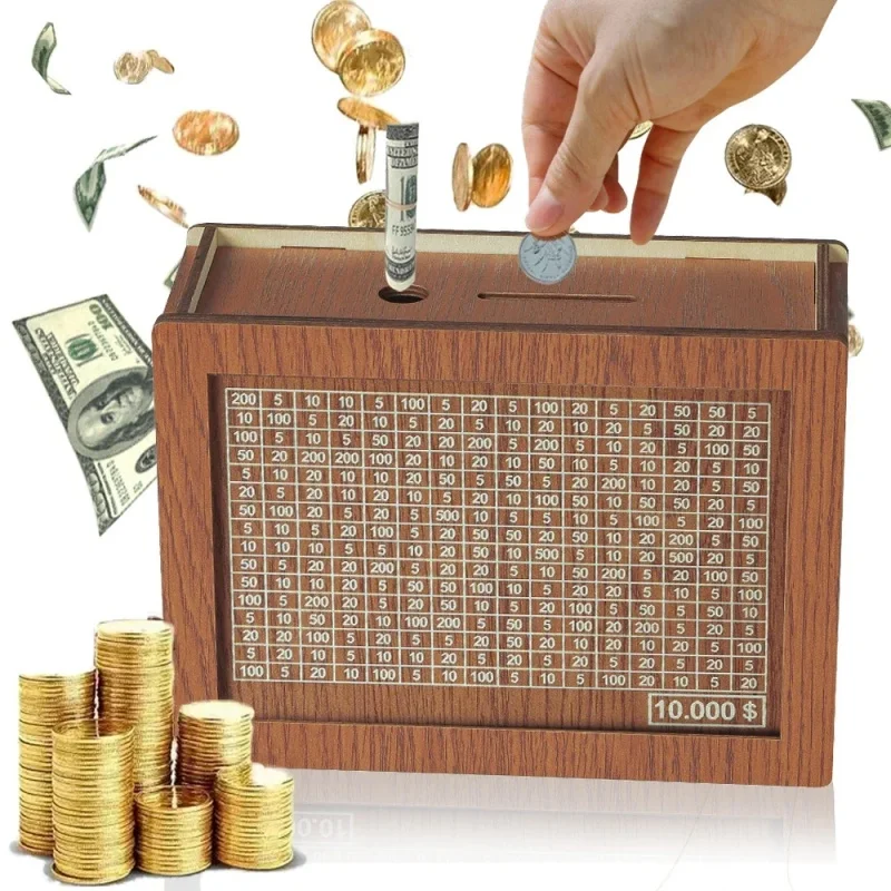 1PCS Saving Money Box Dollar Piggy Bank Decorative Bank Box Retro Reusable Wooden Box 10000 Saving Challenge Money Jar Coin Cash