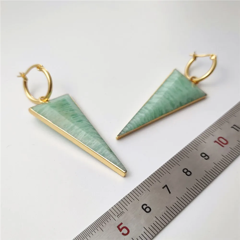 FUWO Whoelsale Gemstones Triangle Shaped Earrings,Golden Plated Handmade Fluorite/Crystal Point Ear Hoop Jewelry ER430M 5Pairs