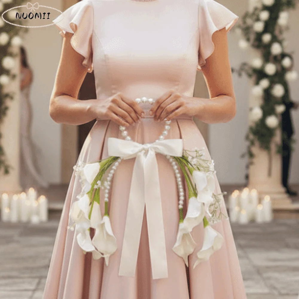

Pearl Handle Bridal Bouquet White Blossom Creative Shape Wedding Flowers Gypsophila Decor Satin Bowknot Top Handle Bouquet