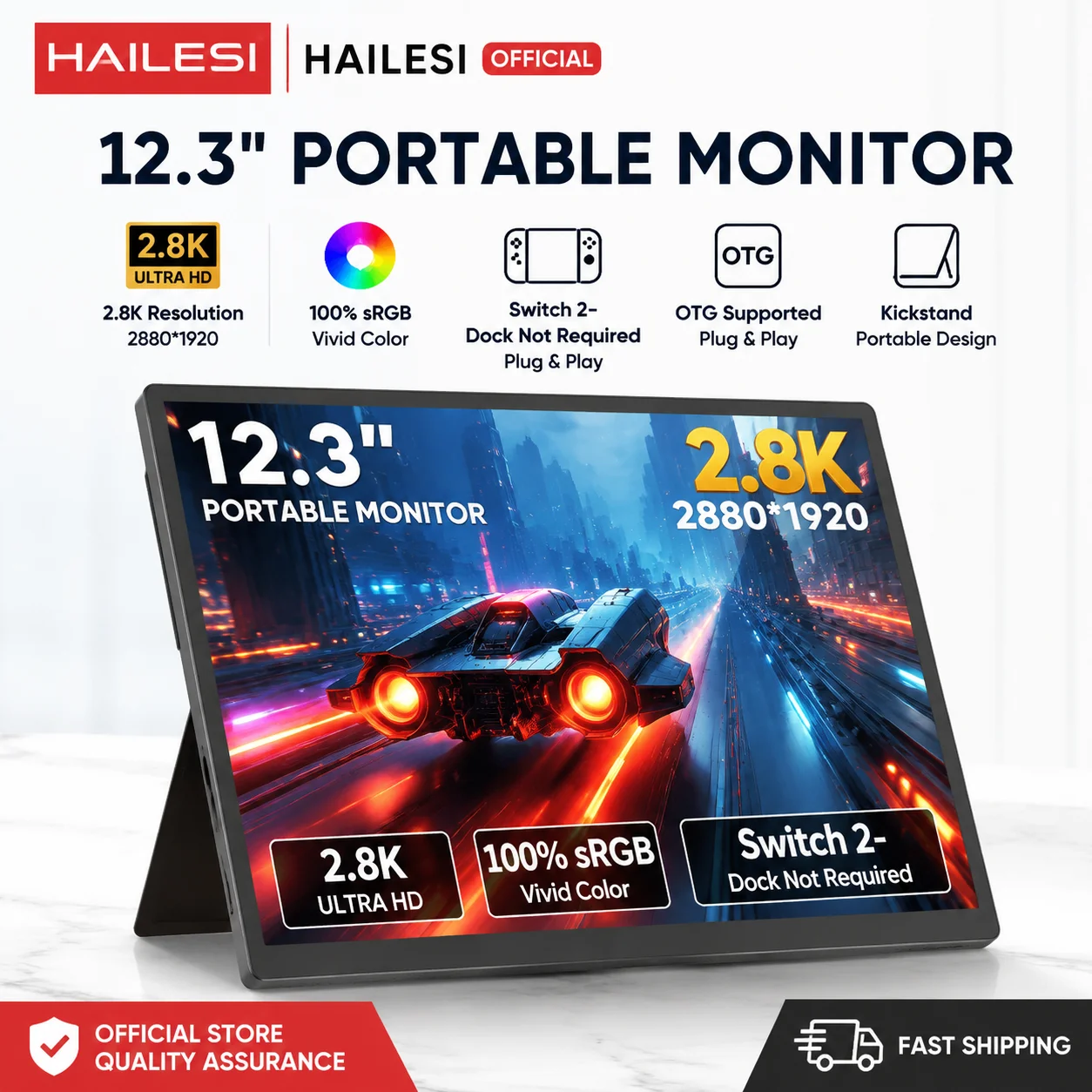 HAILESI S123P 12.3 Inches 2.8K Portable Monitor for Switch/Switch 2, Monitor Mini Travel Monitor 2880*1920 400nits