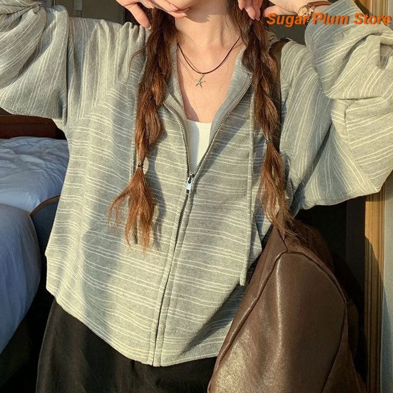 Korean Retro Drawstring Zipper Striped Hooded Top Women's Spring and Autumn New Fashion Plus Size Loose Joker Casual Niche Shirt