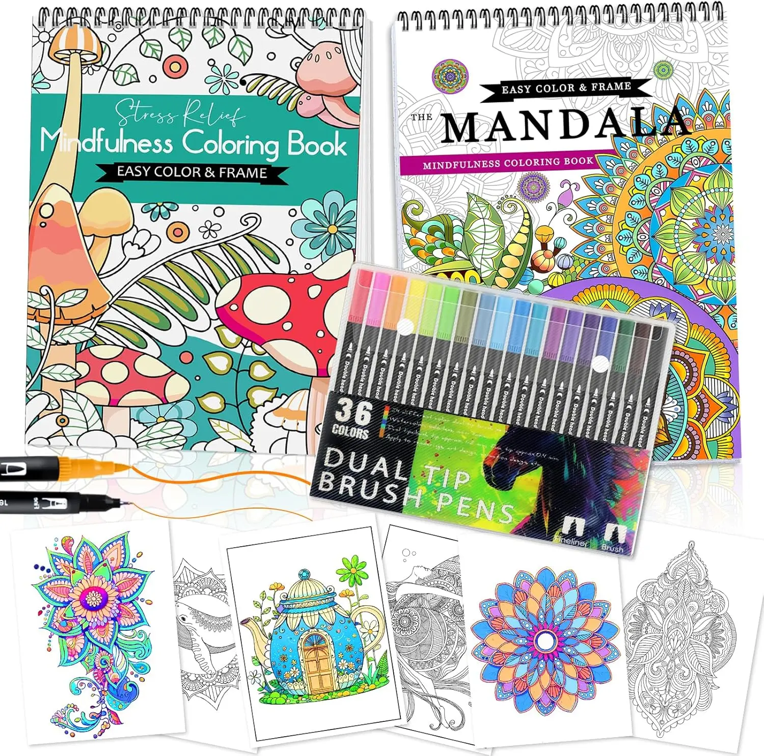 

Adult Coloring Books Set: 2 Mandala Books + 36 Markers, Stress Relief Gifts for Women
