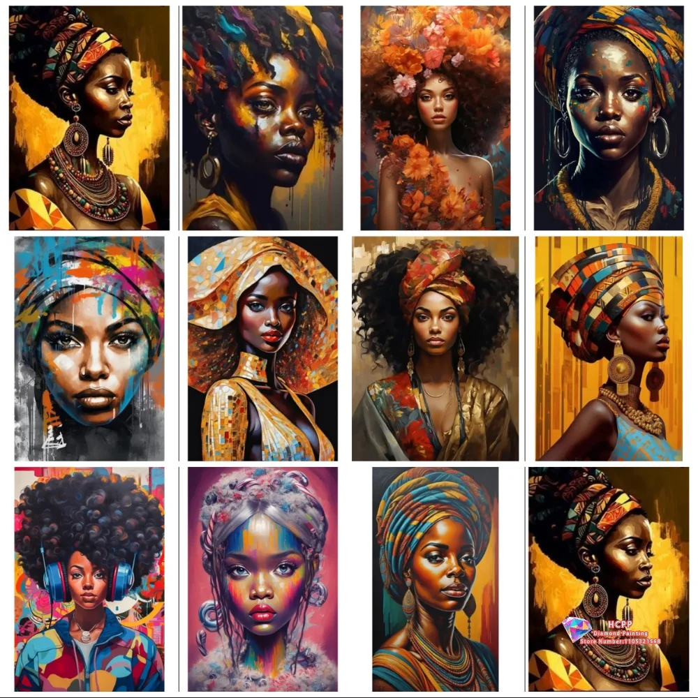 Abstraktes afrikanisches schwarzes Frauen-Mädchen-Diamantmalerei-Set, 5D-Diamant-Stickerei, Kreuzstich, handgemachtes Geschenk, Kunsthandwerk, Dekoration