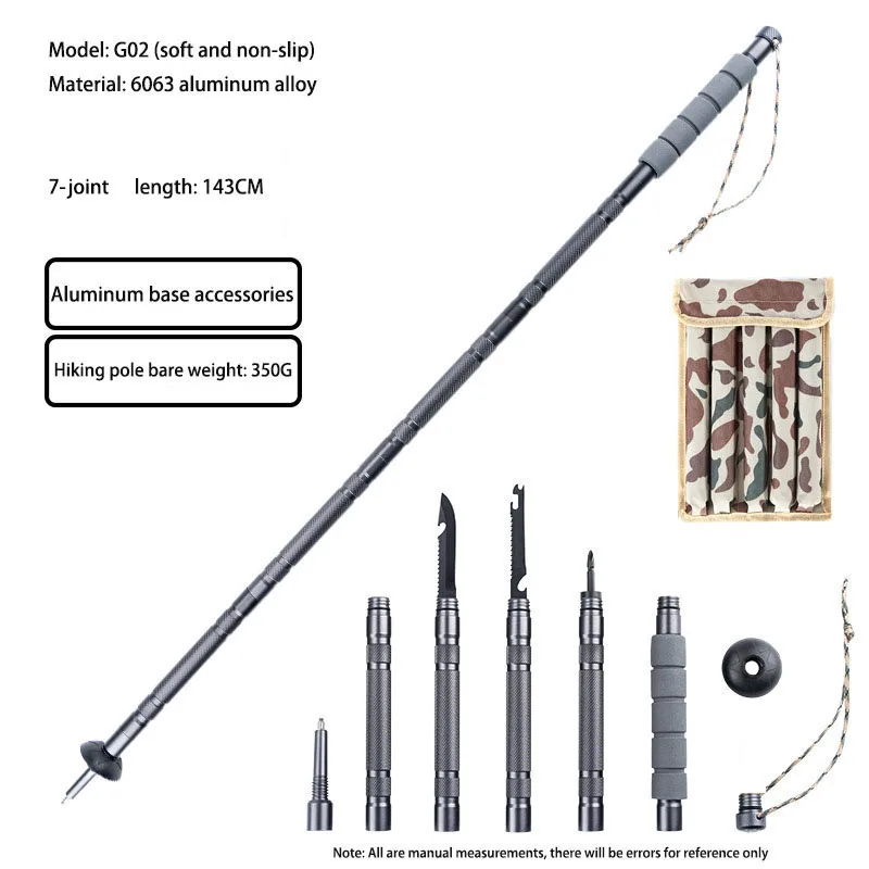 Multifunctional 7-joint aluminum alloy trekking pole Outdoor telescopic folding hiking pole lightweight mountaineering cane