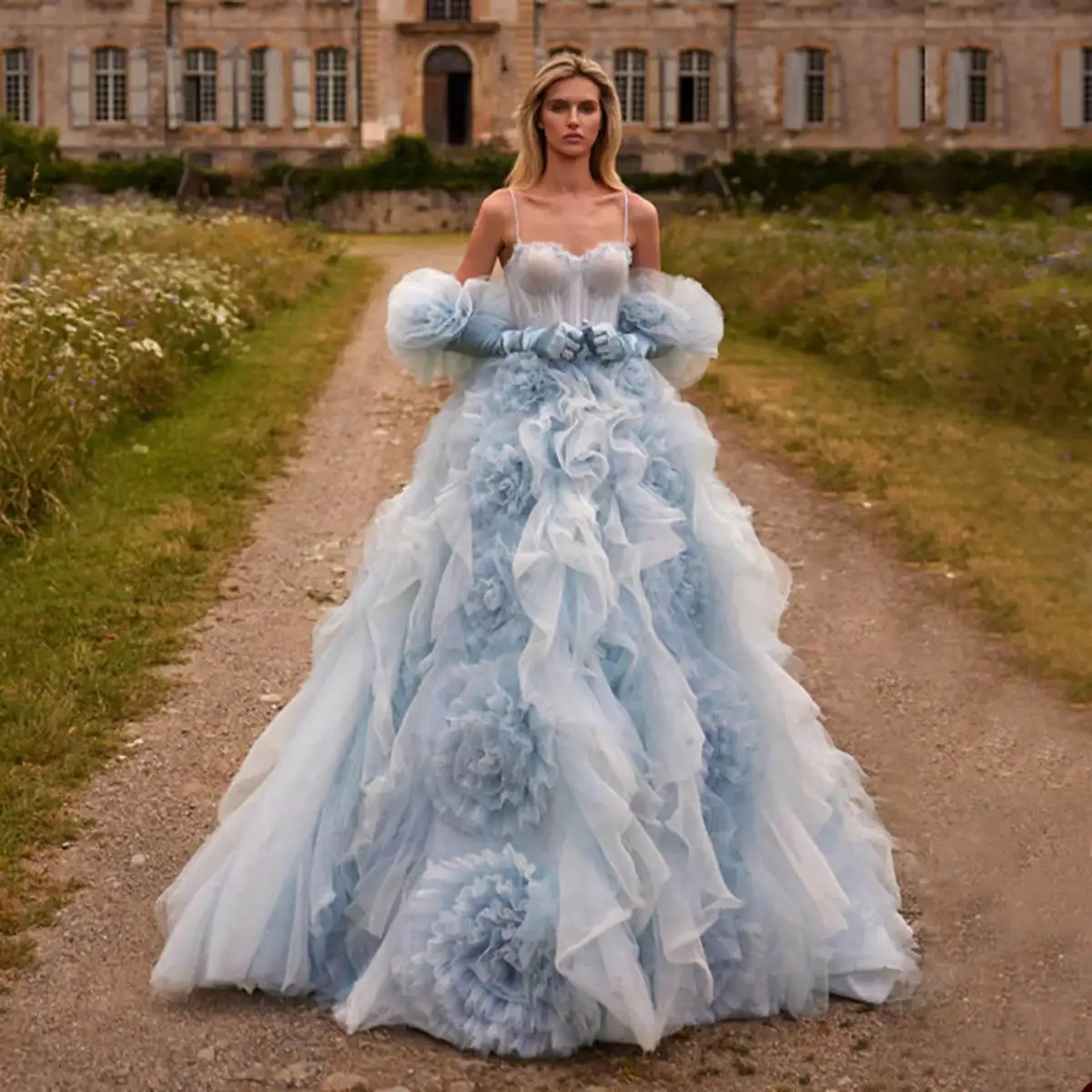 Princess A-Line Gown Wedding Dresses Ruffles Organza Lace Up Blue Bridal Gowns Plus Size Vestidos De Novia Custom Size Colour