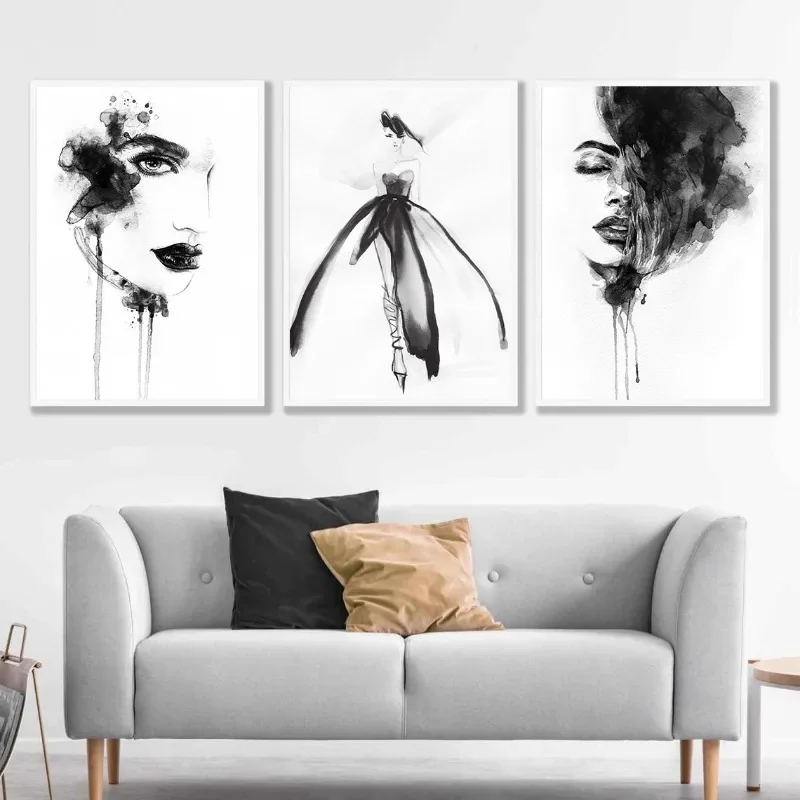 Multiple sizes 1pc frameless Canvas Painting Ink Painting Fashion Black White Prints Watercolor Woman Face Catwalk Gallery Wall