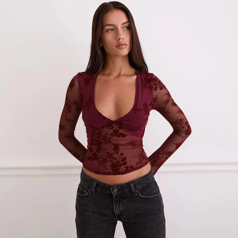 Sexy Slim Fit Long Sve V Ne Top Europäisches SLE Loose Fit Polyester Stoff Damen T-Shirt Thiened Herbstsaison